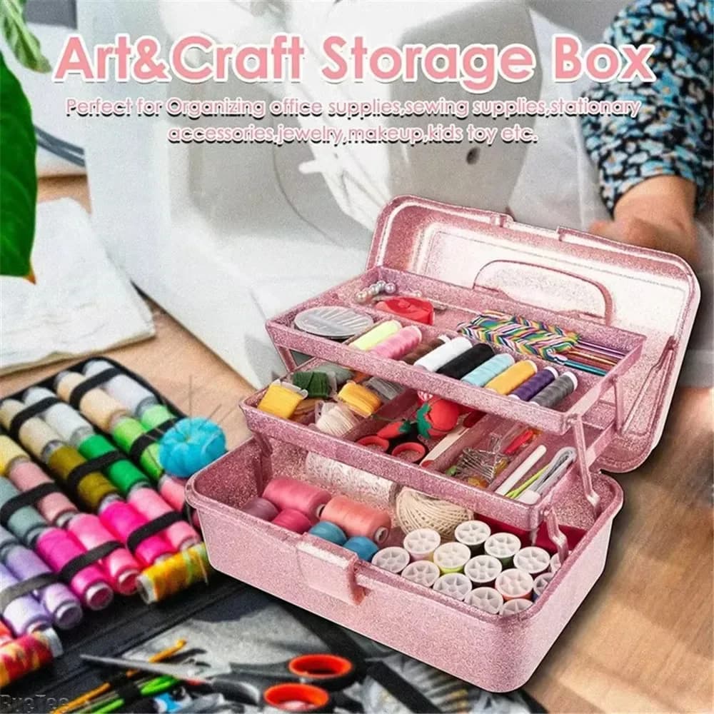 Pink and craft glittering tool box, 3-layer stackable transport equipment box, sewing box, art tool box organizer