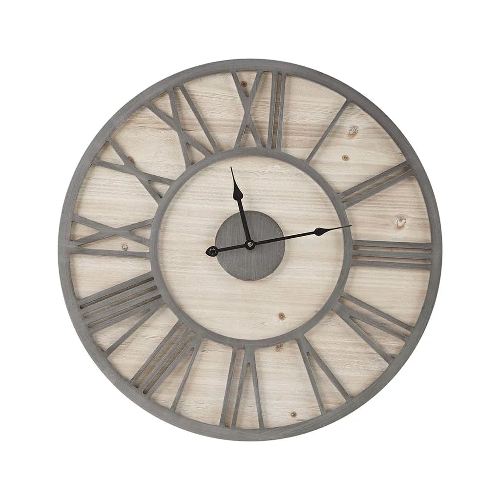 Farmhouse Rustic MDF Roman Numeral Wall Clock, Natural Wood & Grey Silent Non-Ticking Large Clock for Living Room Decor