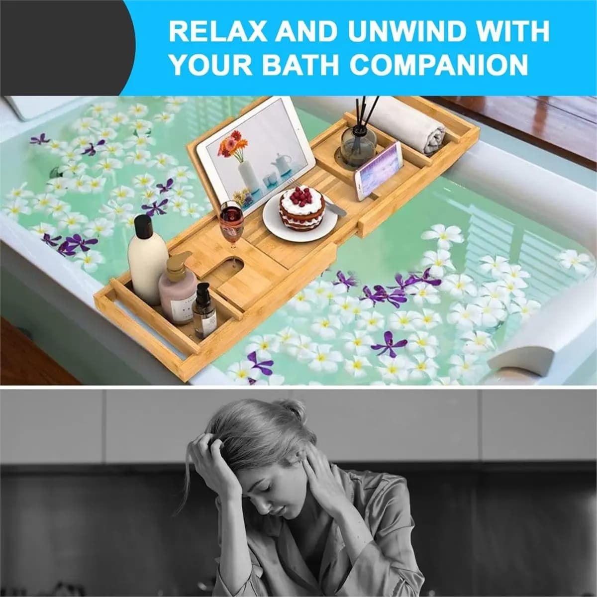 DT81 Bamboo Bath Tray - Extendable Bathtub Shelf with Tablet/Phone Slot, Candle/Cup Holder, Bathroom Storage Rack, Bath Tray
