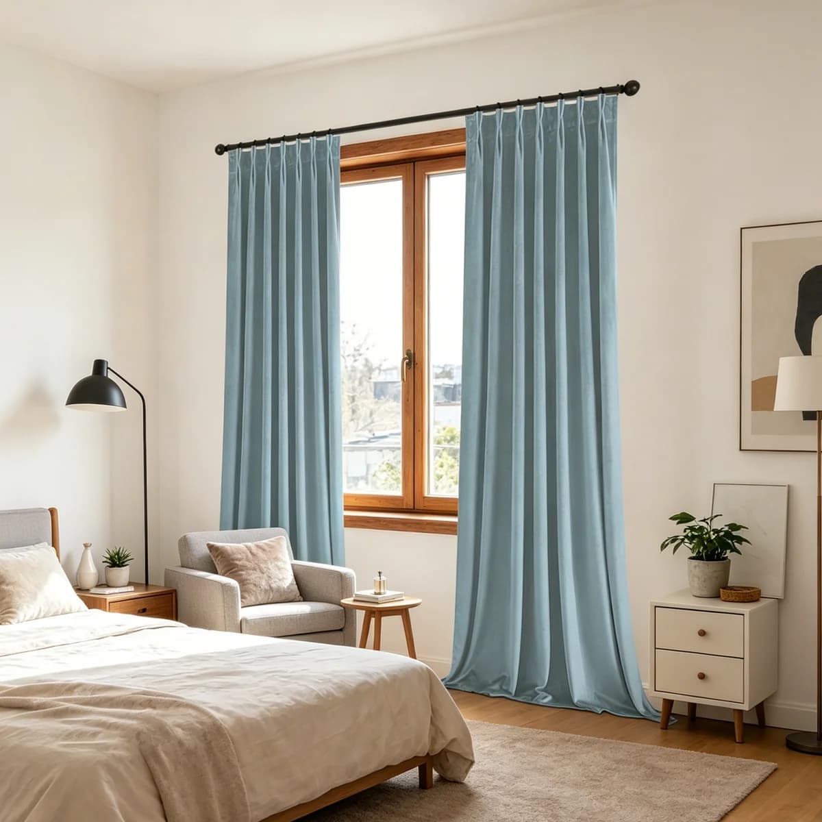 2 Panels Dusty Blue Velvet Pinch Pleat Curtains, Nordic Wood Style Blackout Drapes for Bedroom & Living Room