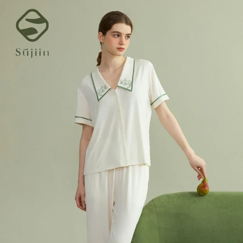 SUJIIN Womens Modal Pajama Sets Summer Short Sleeve Pjs Comfort Trousers Sleepwear Embroidered Loungewear Set for Women SH005