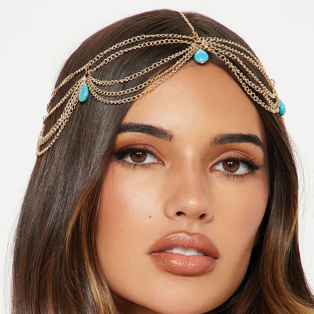 Boho Turchese Multistrato Fronte Copricapo Accessori per capelli da sposa Elegante catena da sposa con testa in metallo con goccia d'acqua per regalo da donna