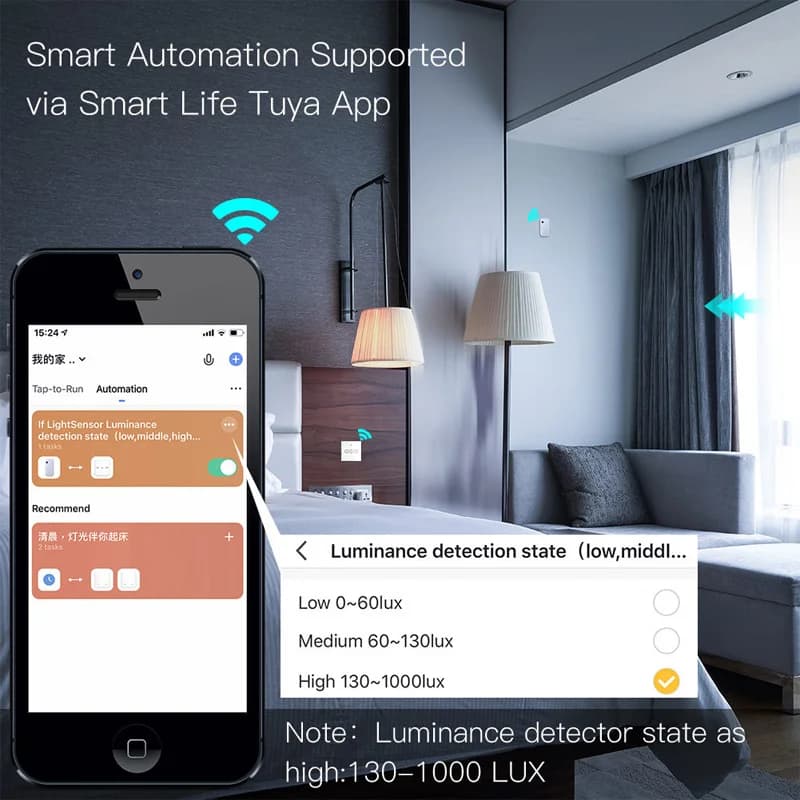 Impostazione APP di illuminazione Rilevatore di luminosità in tempo reale WiFi ZigBee Sensore di luce intelligente Sistema di allarme per porte e finestre con telecomando