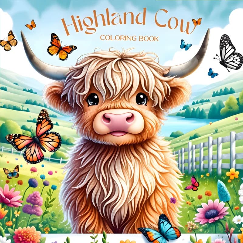 Kawaii Highland Cow Coloring Book Adorable Fluffy Farm Cow Meadow Floral Butterfly Rural Countryside Landscape Sketch Notebook