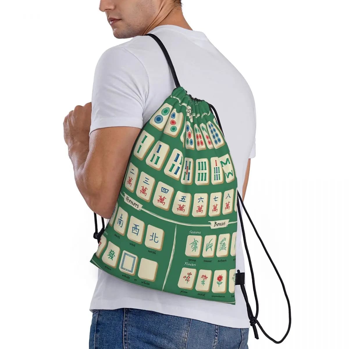 Zaini con motivo Mahjong, borse portatili con coulisse, borse per articoli vari, borse per libri per uomo, donna, studenti