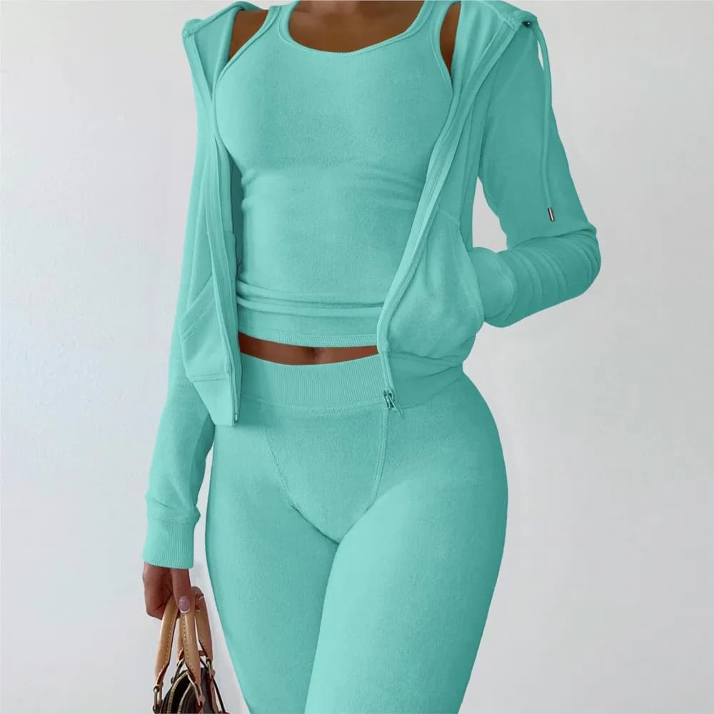 Autunno Inverno Gilet di velluto a doppia faccia Set da 3 pezzi per giacca da donna in felpa con cappuccio alla moda Pantaloni tascabili sottili Abito femminile