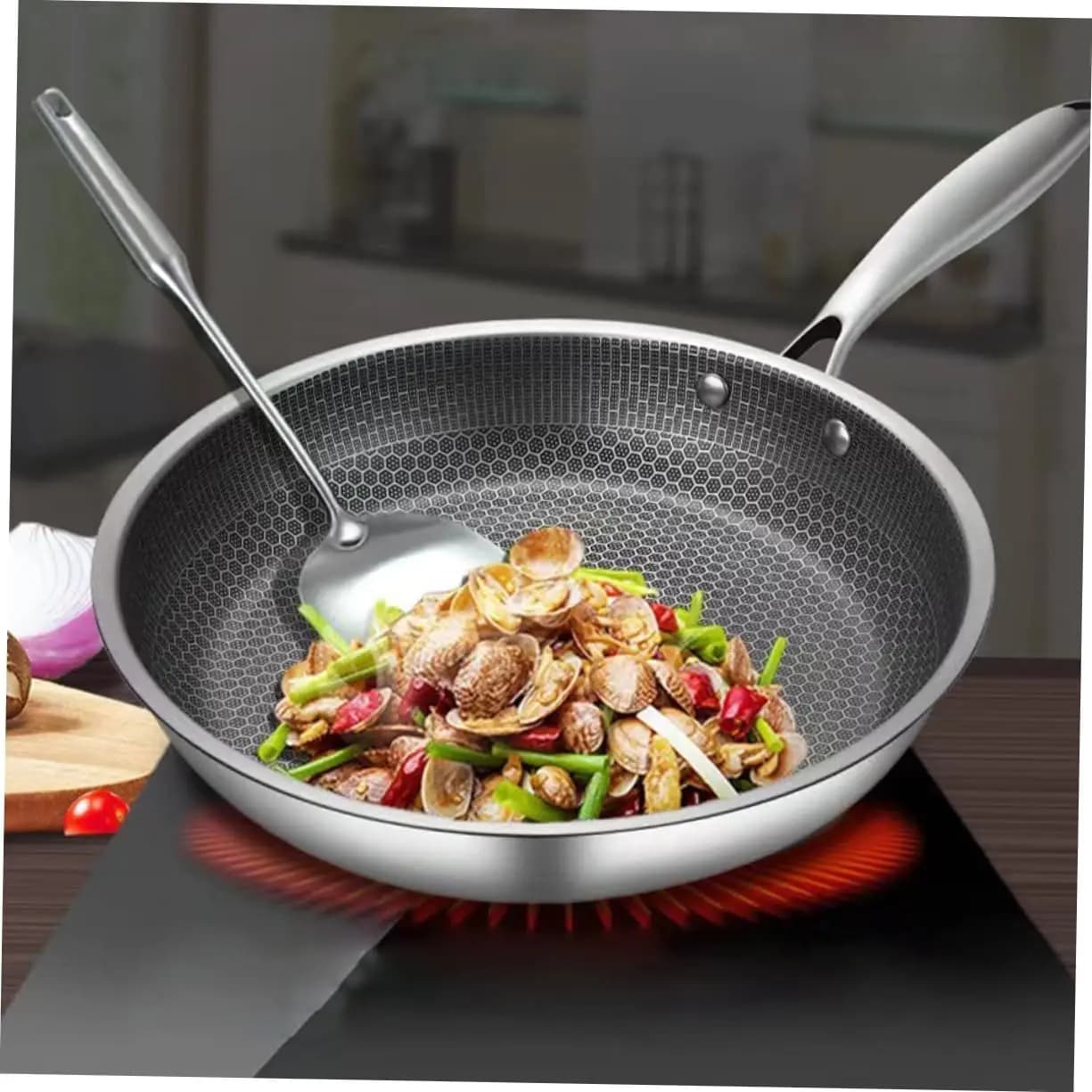Stainless Steel Non-stick pan with Bee Nide Bottom Compatible with Induction for Gas and Electric Hoses