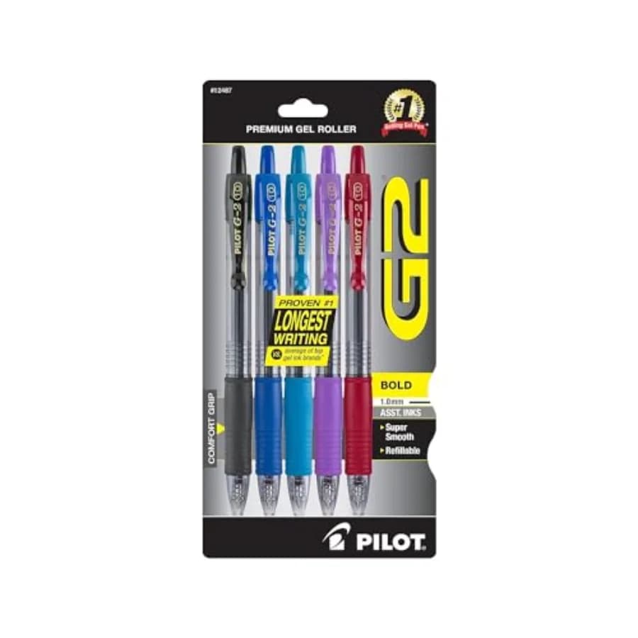 G2 Premium Retractable Gel-Ink Rolling Ball Pens, Bold Point 1.0mm,Assorted, 5/Pk (12487)
