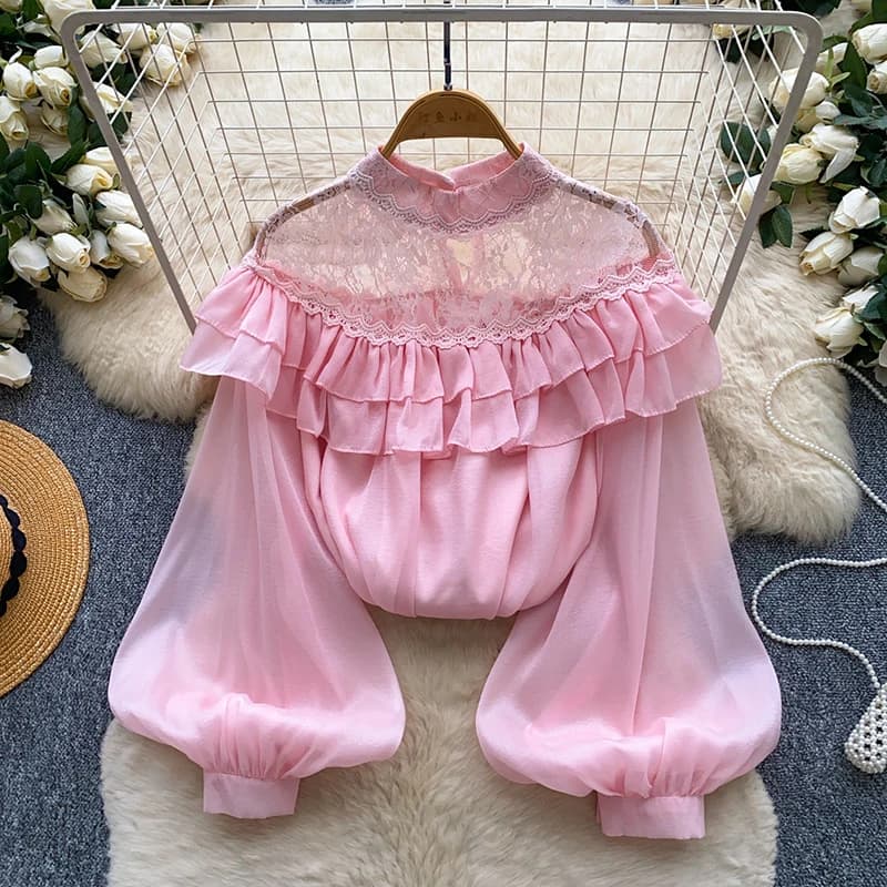 Camicia Francese con Maniche a Lanterna e Inserti in Pizzo per Donna, Oversize con Bordi Arricciati, Blusa Rosa Larga per Primavera e Autunno W116