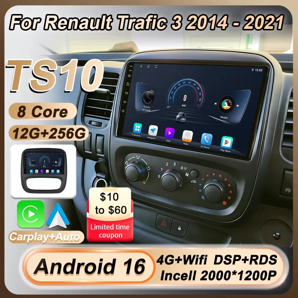 Autoradio 2 Din for Renault Trafic 3 2014-2021, Android 16, Carplay, Speakers, GPS Navigation, Touch Screen, 8 Core, FM, DSP
