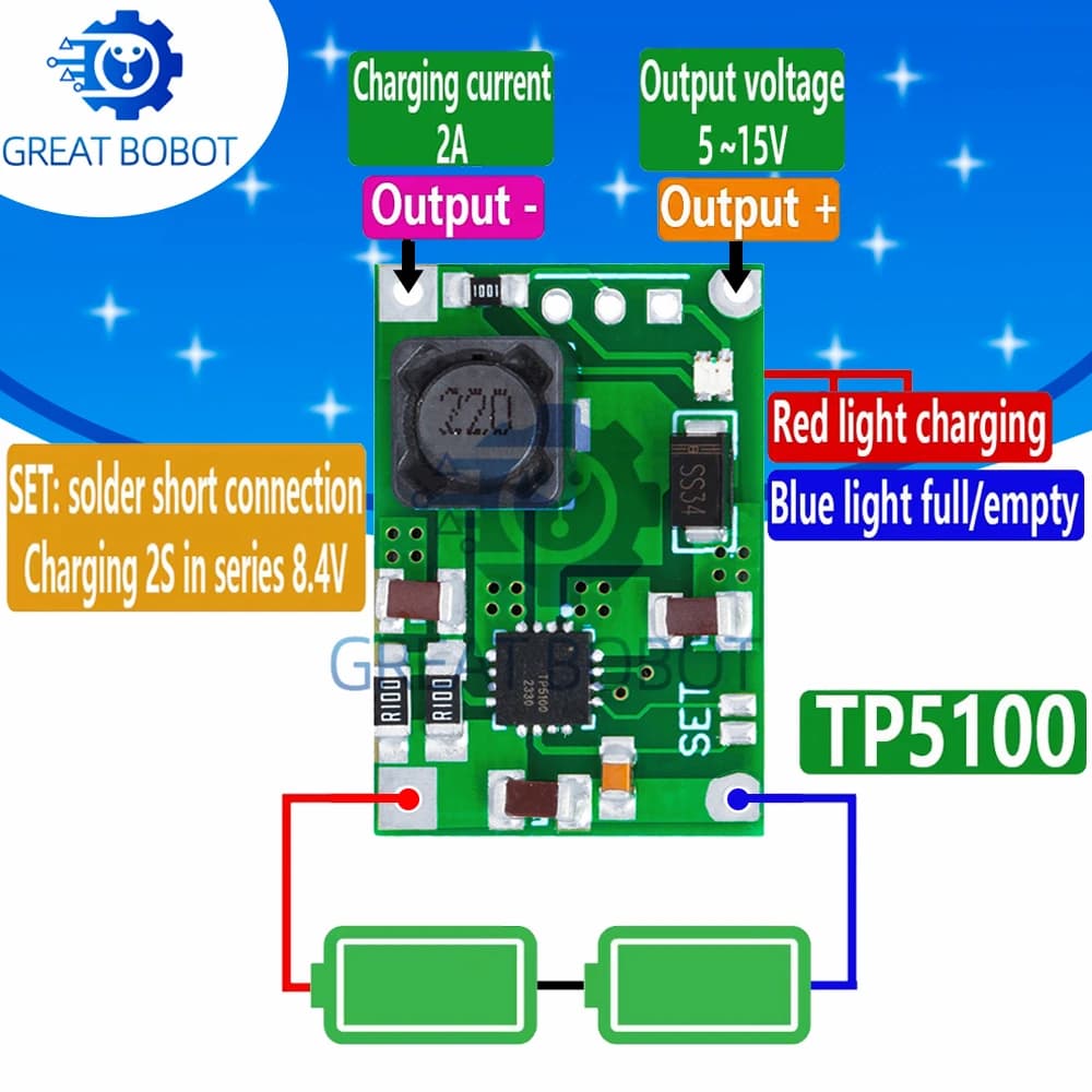 TP5100 Single / Dual Cell Lithium Battery Charging Module 2A Charger Board for DIY Battery Pack for Arduino Projects