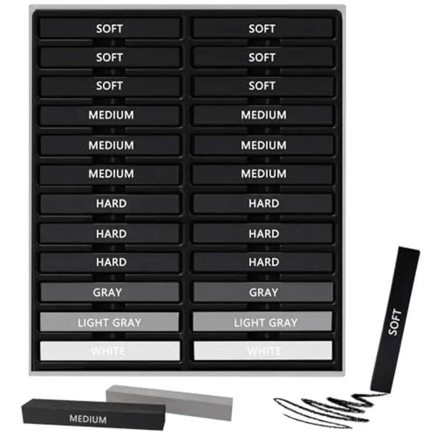 24 Pcs Compressed Charcoal Sticks with Soft, Medium, Hard and White Charcoal, Square Vine Charcoal Stick Kit for Drawing, Sketc