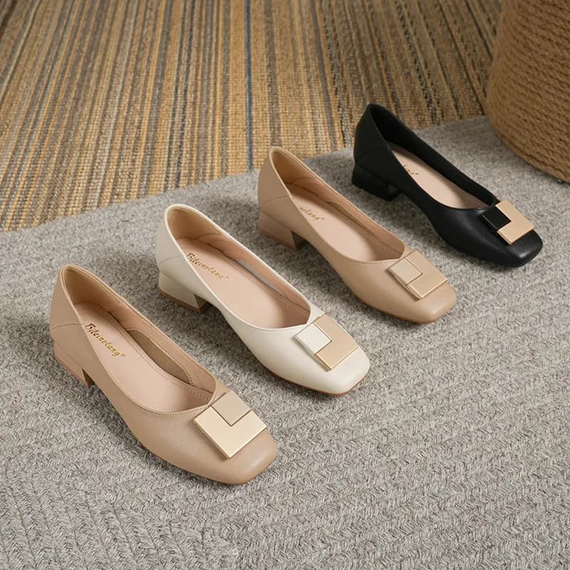 Woman Spring Luxury Square Toe Designer Retro Fetish 4CM High Heel Female Metal Korean Version Mary Janes Relax Loafers Shoes