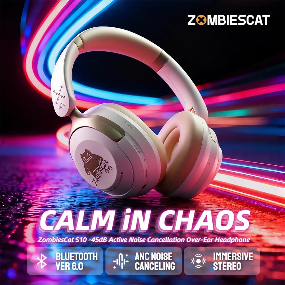 Zombies Cat S10 ANC Cuffie over-ear Bluetooth 6.0 -45dB Cuffie con cancellazione attiva del rumore Cavo stereo HiFi/Auricolare wireless