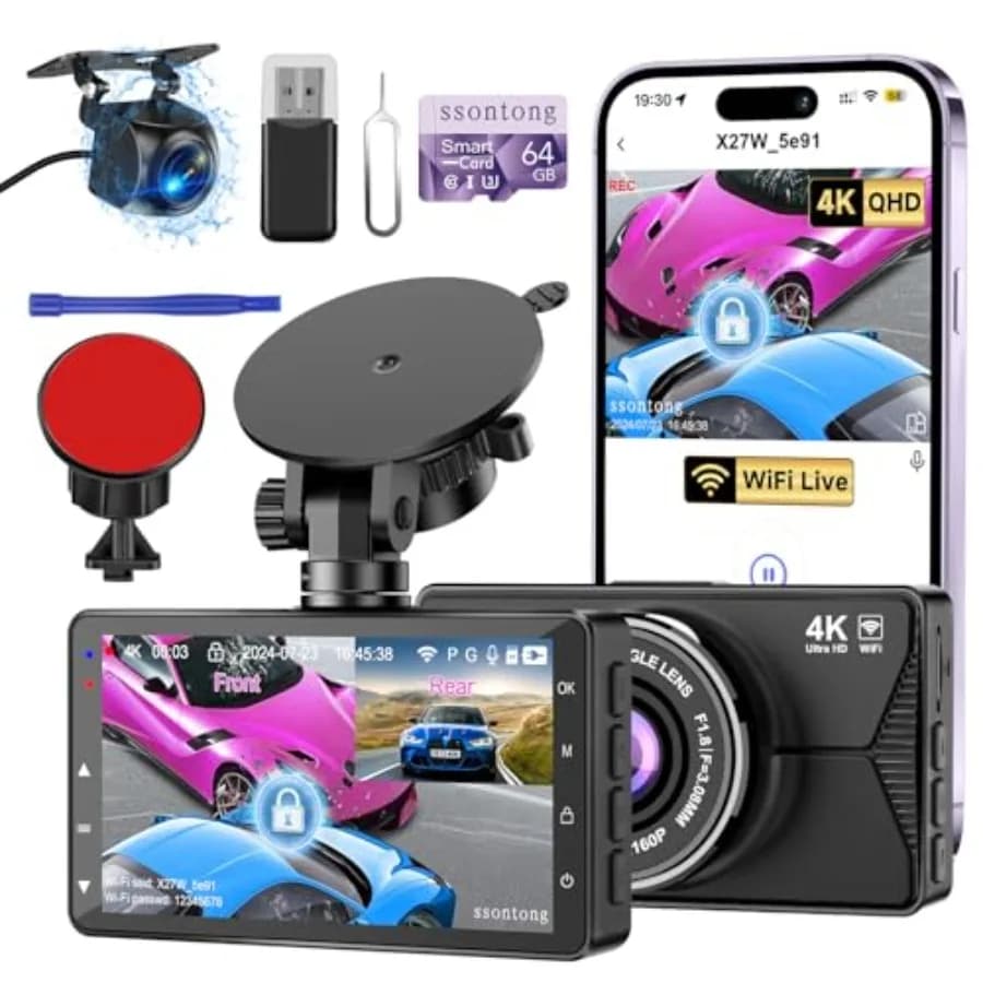 Car dash cam system for front and rear use, ABS plastic body in black, 4K resolution with WiFi and app control, loop recording,