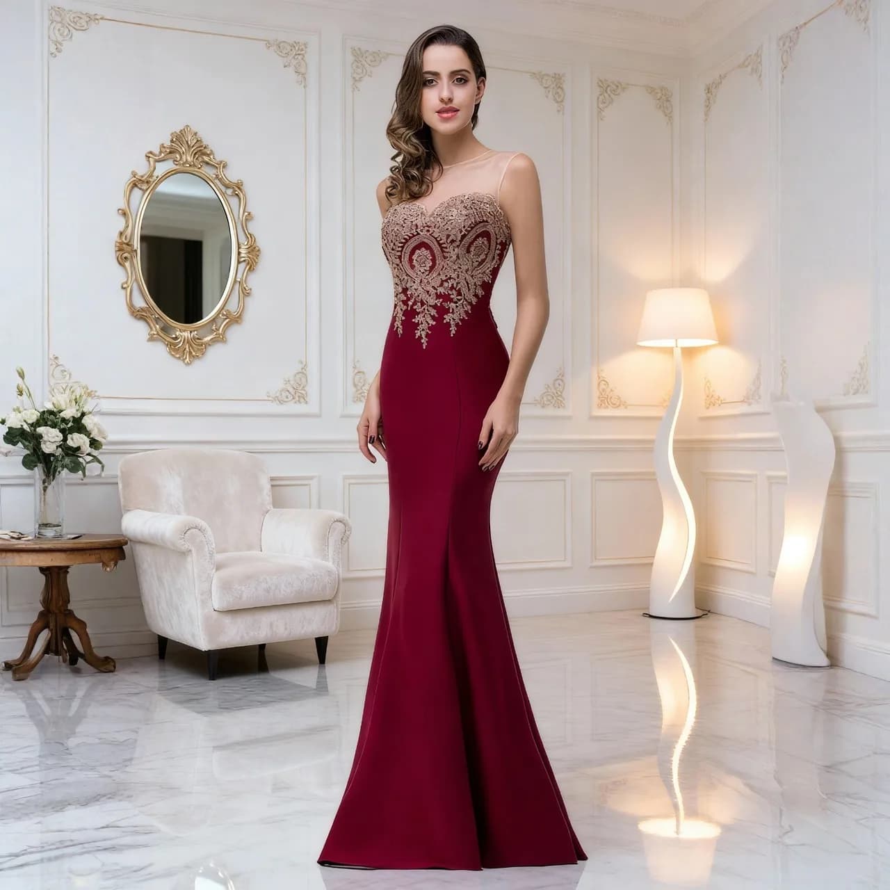 MisShow Burgundy Slim Mermaid Evening Dress Illusion Sequins Appliques Party Dress Sleeveless Empire Trumpet 2026 New