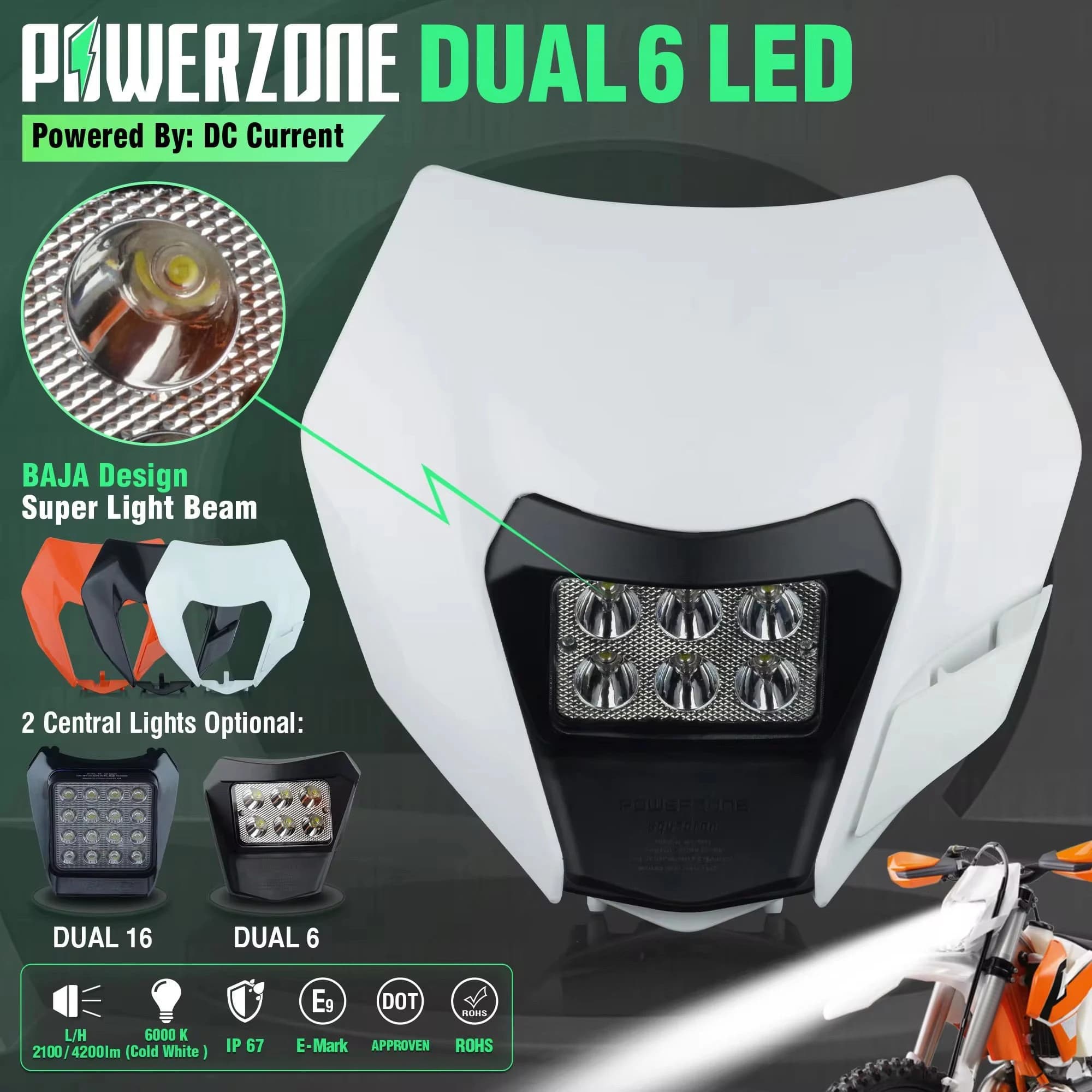PowerZone LED Motorcycle Headlight Light Head Supermoto Carena For KTM EXC SXF MX Dirt Bike Enduro Front Light