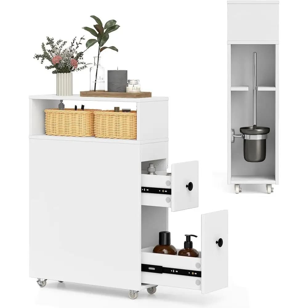 Mobiletto Salvaspazio per Bagno - Organizer Sottile con Ruote, 2 Cassetti, 2 Cestelli, Porta Spazzole, da Posizionare Sopra il WC o in Spazi Stretti