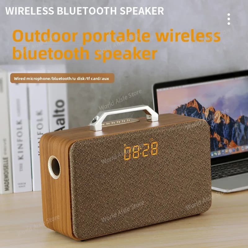 Altoparlante Bluetooth portatile in legno, Karaoke esterno, Sistema audio ad alta potenza, Chiavetta USB, Scheda TF, Microfono, Subwoofer