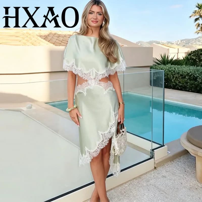 HXAO Women's Dress Elegant Party Dresses Summer Evening Prom Dresses Satin Lace Short-sleeved Gown Midi Skirt Beach Cape Dress