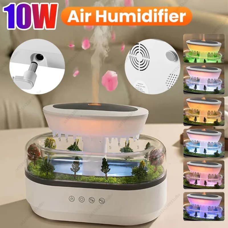 Diffusore di Aromi Nuvole di Pioggia, Umidificatore d'Aria Zen con Gocce di Pioggia, Diffusore di Oli Essenziali USB da Scrivania, Nebulizzatore Ultrasonico con 7 Luci Notturne
