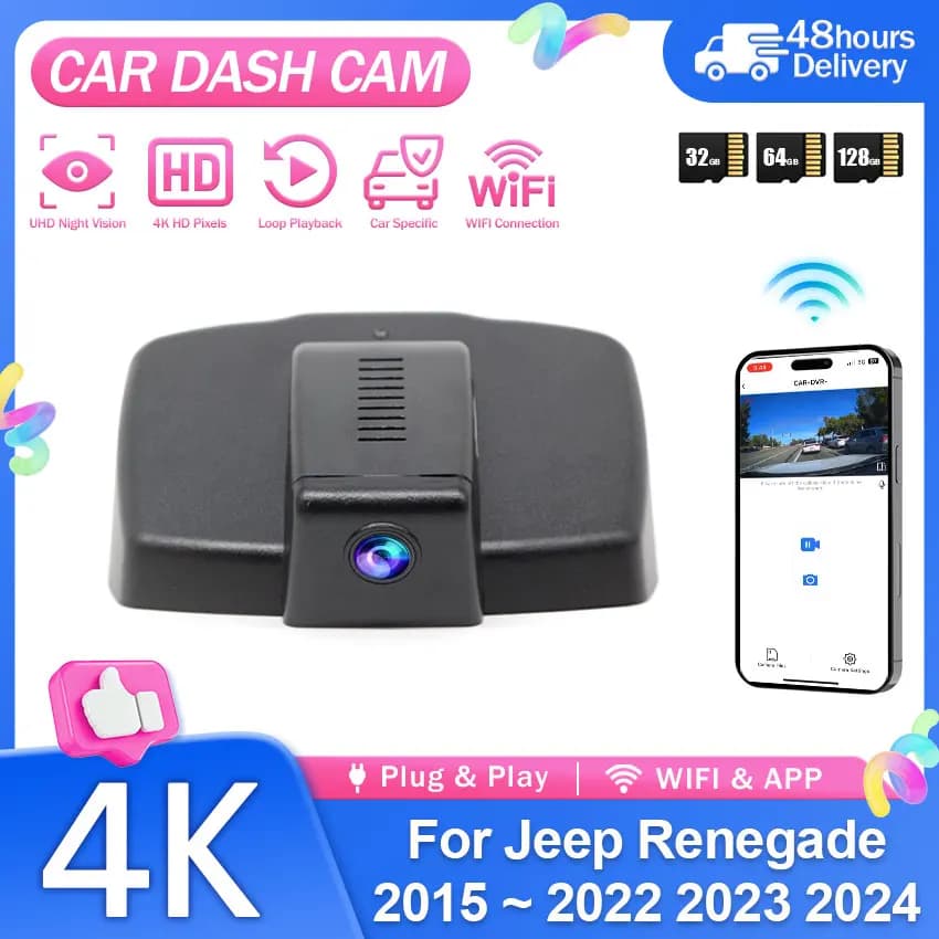 4K Dash Cam Plug And Play Night vision Wifi Car DVR For Jeep Renegade 2015-2024 Easy Installation Video Recorder