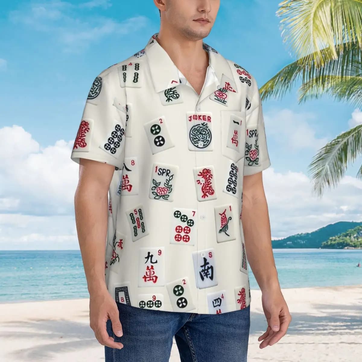 Mahjong Game Tiles Design Camicie hawaiane Camicia a maniche corte da uomo alla moda per top con bottoni da uomo estivi da spiaggia