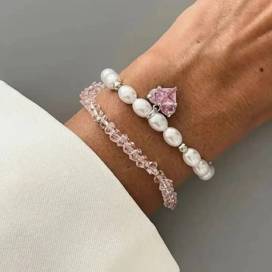 KunJoe 2 pz/set Elegante Imitazione Perla Braccialetti A Catena di Cristallo per Le Donne Shinny Strass Cuore Braccialetto Del Pendente Regalo Dei Monili