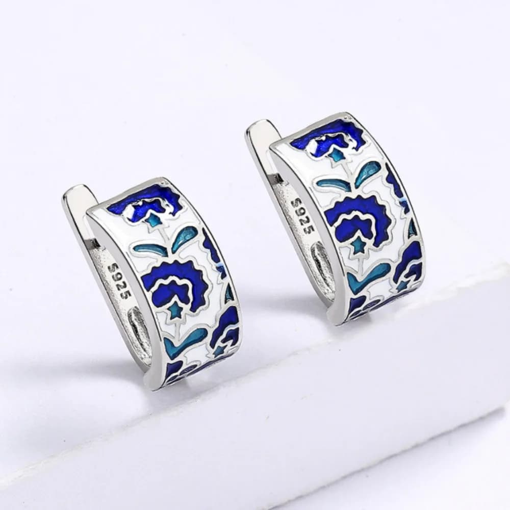 Orecchini Classici Blu alla Moda, Accessori in Ottone, Orecchini Smaltati a Forma di Fiore