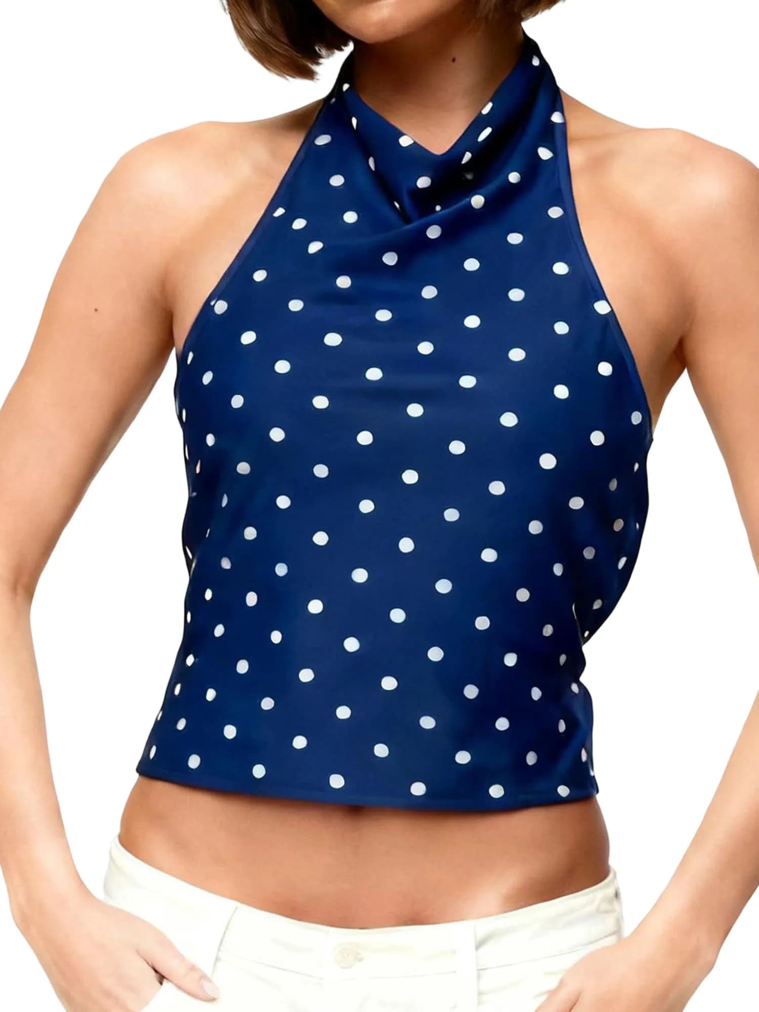 Top estivo da donna allacciato alla caviglia Elegante gilet senza maniche con stampa a pois e cinturino sul retro per la vita quotidiana, bar, feste in spiaggia e altro ancora