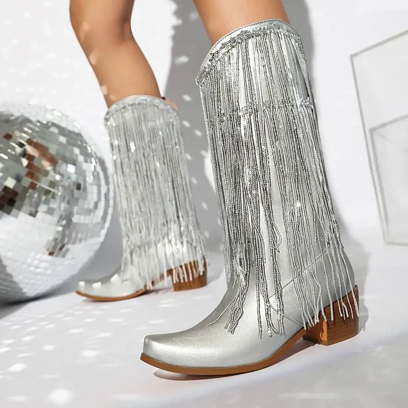 ORCHA LISA Women Fringe Knee Boots Round Toe 5cm Chunky Heel Slip On Gold Tassel Big Size 46 Spring Autumn Fashion Dating Style
