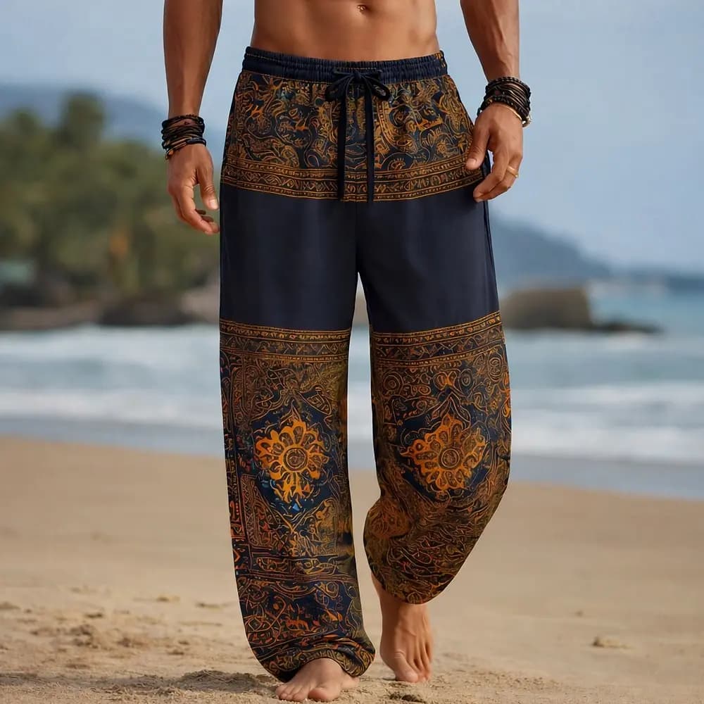 Pantaloni casual da uomo con motivo 3D, gamba larga, vita media, elastico con coulisse, comodi e morbidi, per outfit da spiaggia, vacanze e uso quotidiano.