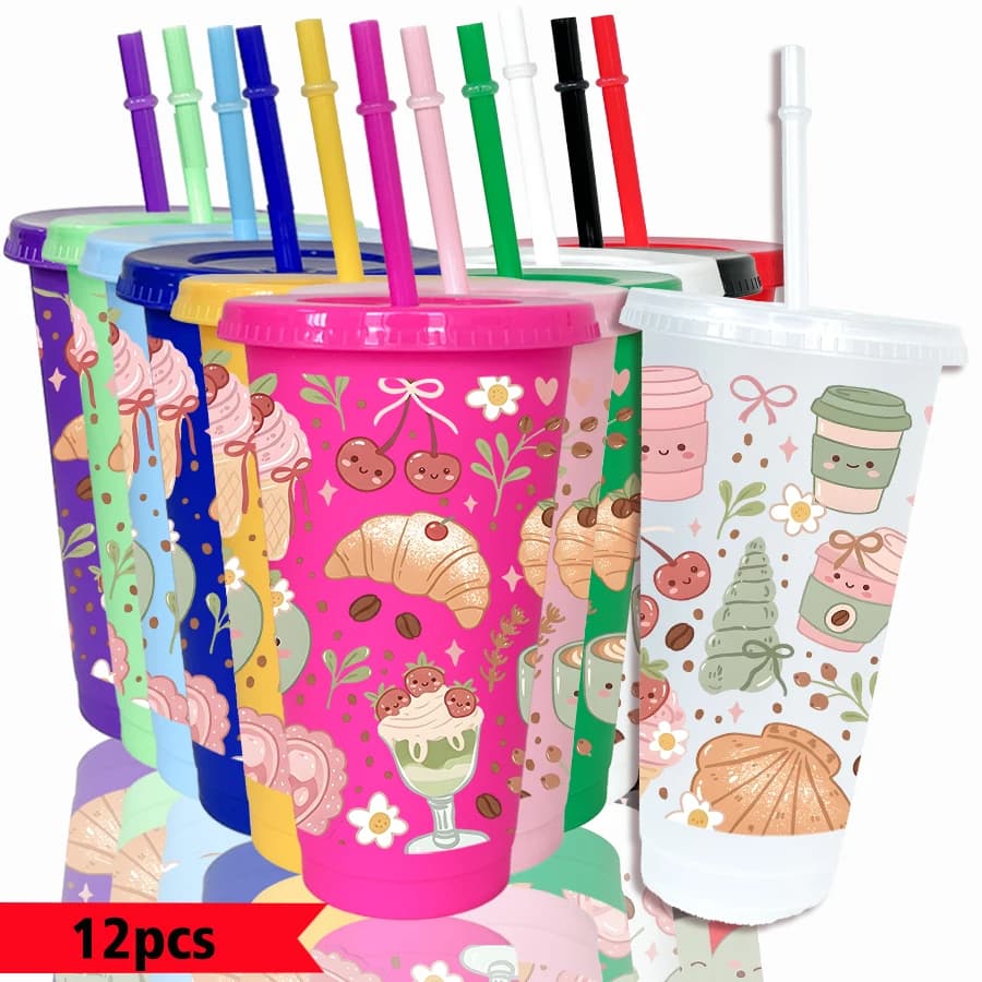 Confezione da 12 Bicchieri in Plastica Colorata da 26oz con Motivo Gelato e Croissant alla Ciliegia per Feste, Regalo di Ritorno a Scuola e Compleanno