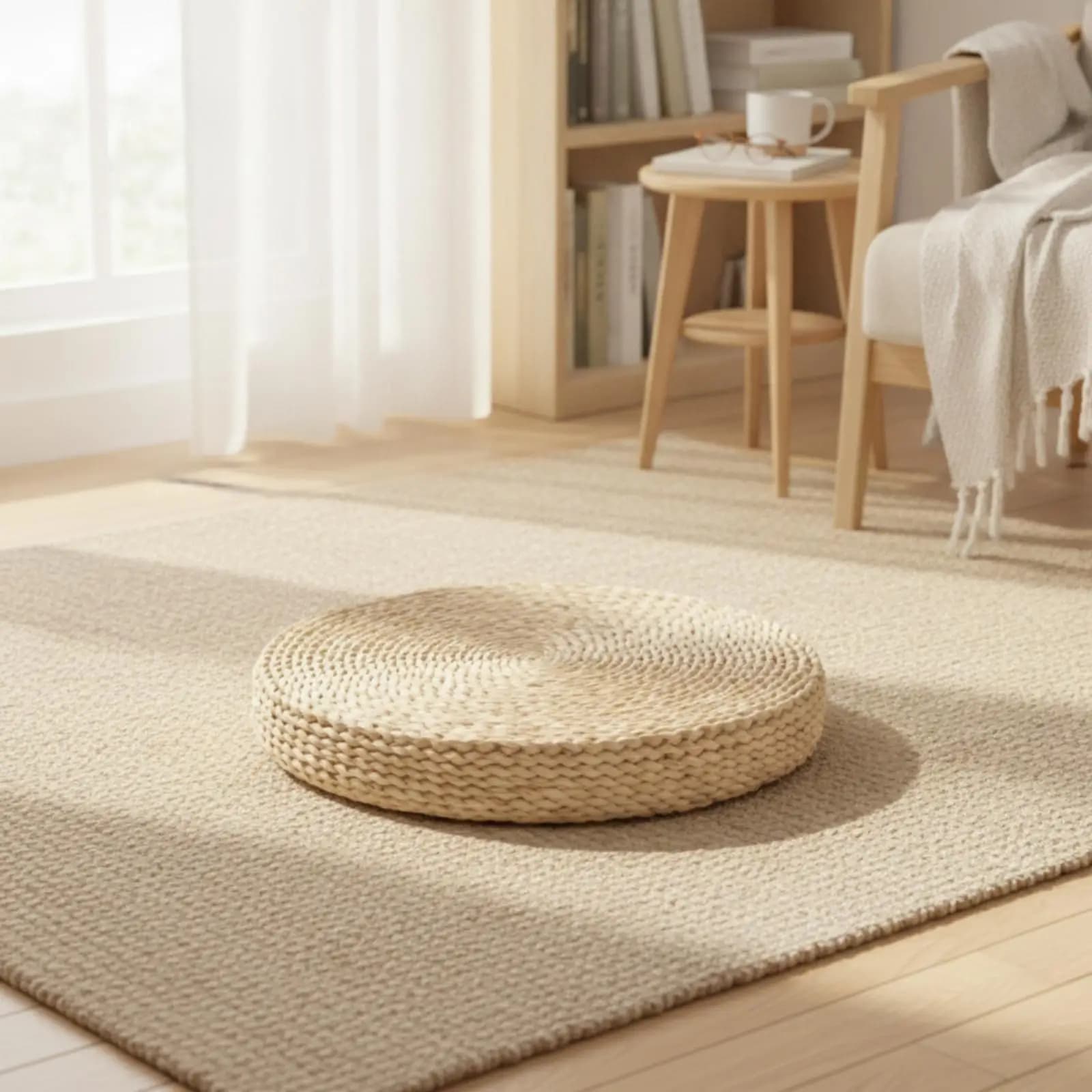 Handmade Corn Husk Round Cushion Sturdy Meditation Pillow for Floor Sitting Yoga Practice and Minimalist Interiors