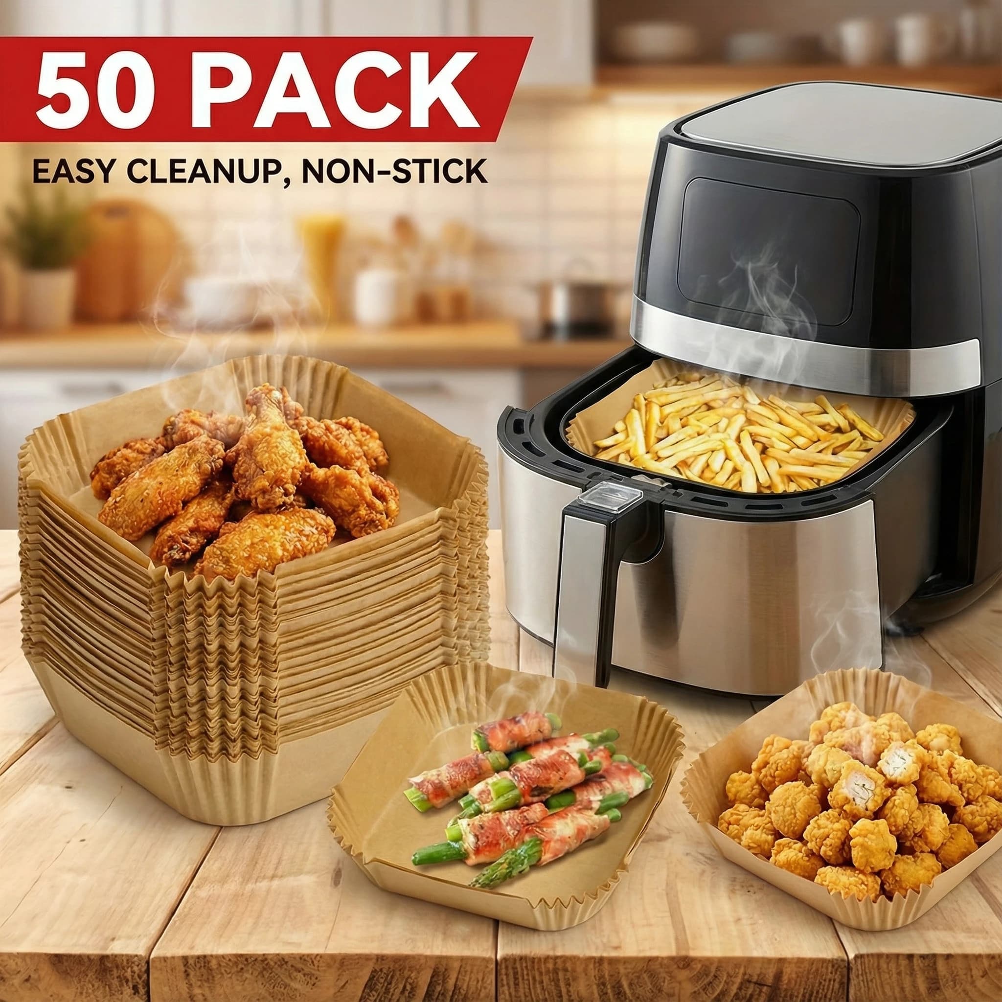 Confezione da 50 Fogli di Carta da Forno Antiaderente per Friggitrice ad Aria da 5-8QT