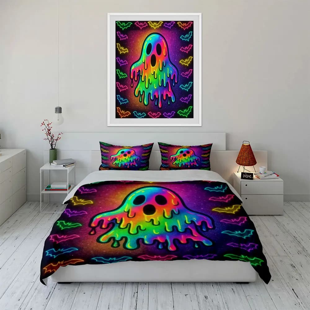 Set Decorativo Neon Ghost per Halloween, Set Biancheria da Letto con 1 Copripiumino e 2 Federe, Singolo, Matrimoniale, King, Queen, Regalo