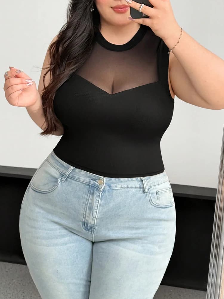 Plus Size Woman 2025 Summer New Sleeveless Crew Neckline Knife See Through Sexy Knife Splicing Blouse Black T Shirt Polyester