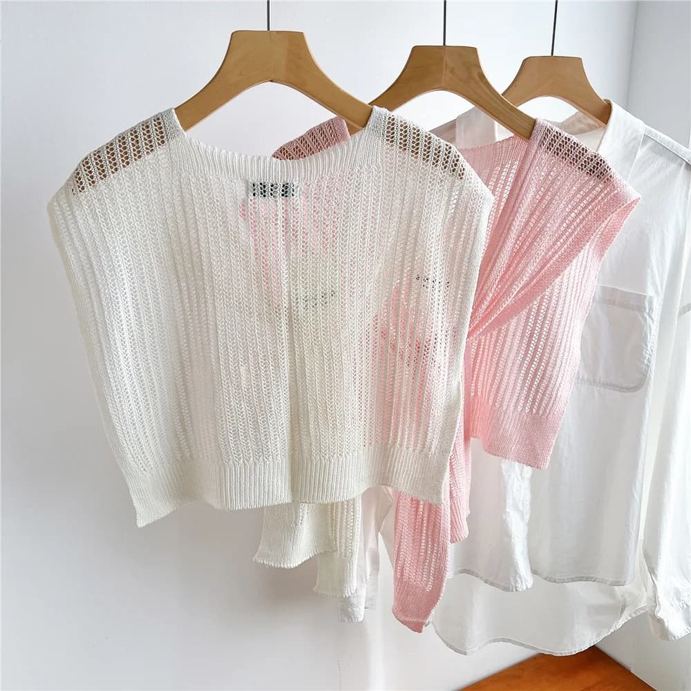 Sciarpe da donna in maglia sottile con pizzo a tinta unita e intagli, scialle estivo per aria condizionata, collo finto, protezione per il collo, mantella annodata, sciarpe a spalla