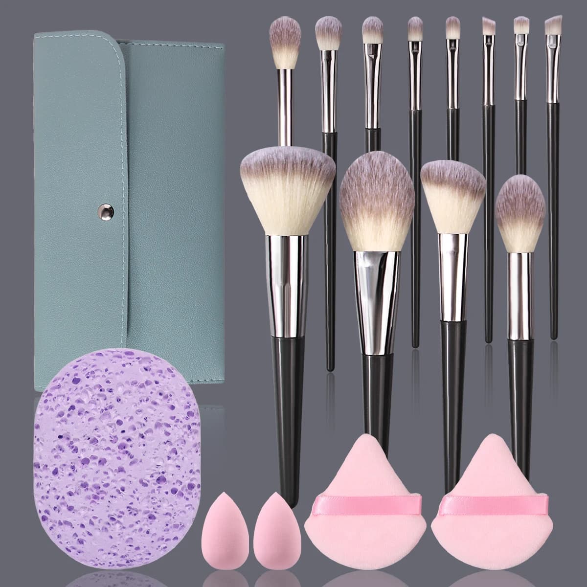 Set di 18 Pennelli Professionali per il Trucco con Custodia in PU, Include Pennelli, Spugne per il Trucco, Piumini e Spugna Detergente, Kit Tutto-in-Uno