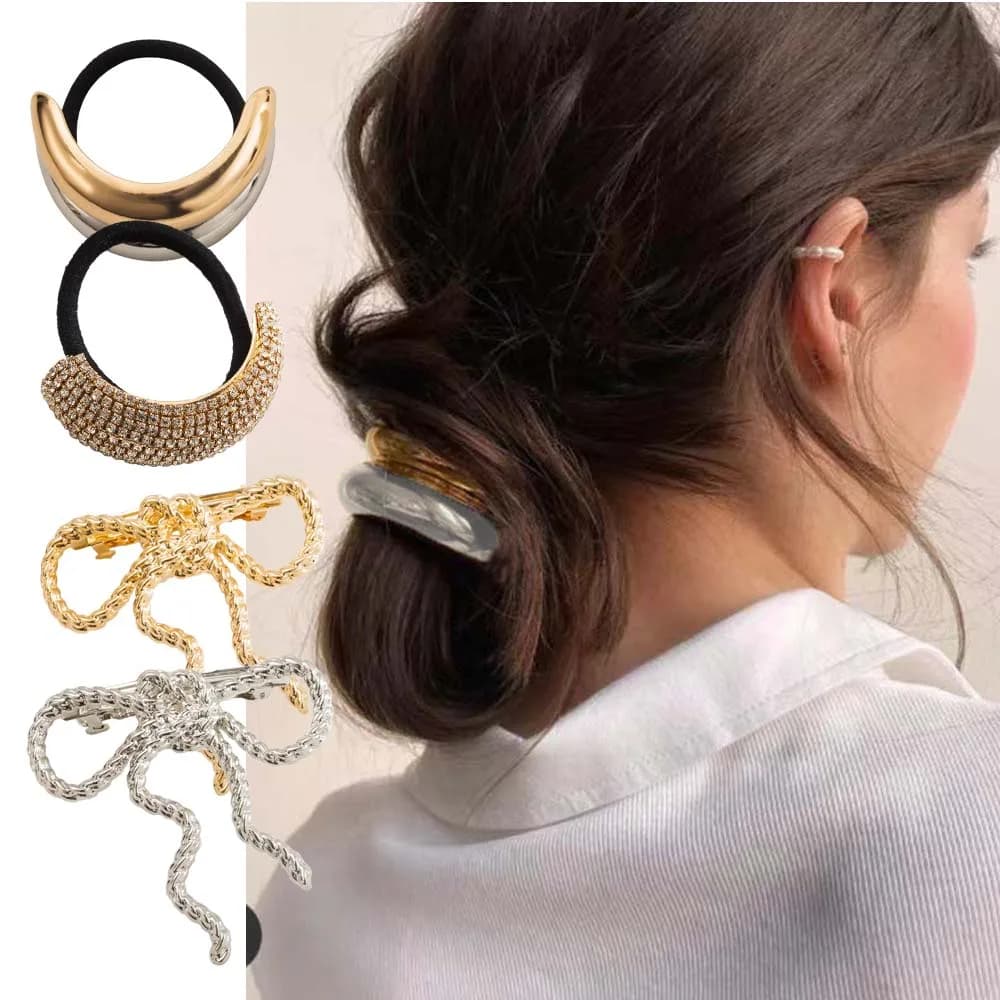 1pc fascia elastica con diamanti tempestati di metallo versatile fascia per capelli con temperamento femminile con fiocco dolce