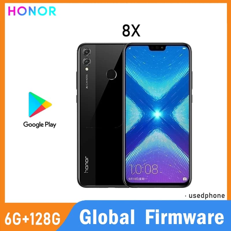 HONOR 8X smartphone with global firmware, CPU Haisi Qilin 710, 6.5 inch screen, 3750mAh battery, 20MP rear camera, phone used.
