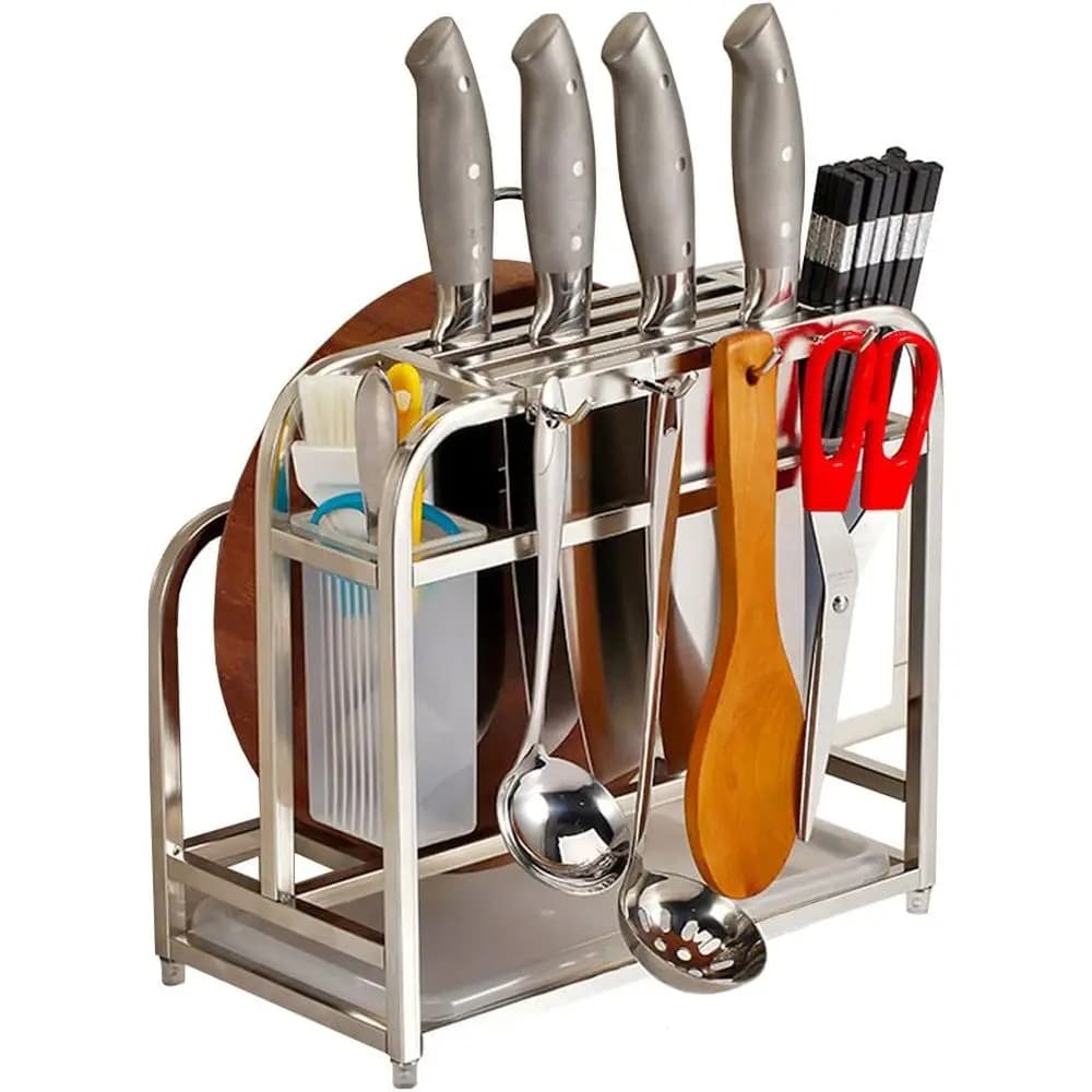 Storage Organizer with Hooks, Stainless Steel Knie Block Holder Cutting Board Rack, Kitchen Utensils Holder with Drainer Tray or