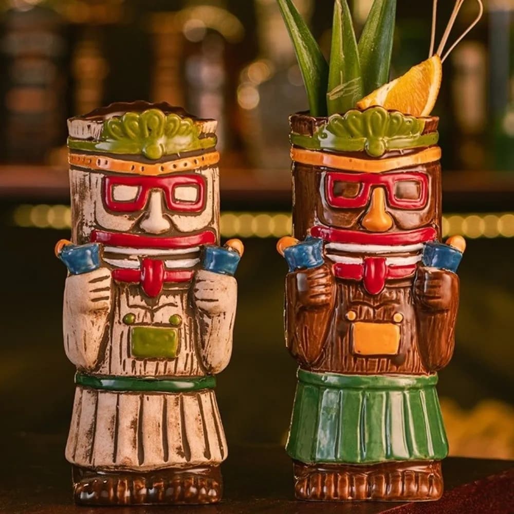Tazza Vintage Hawaiana per Cocktail, Divertente Tazza a Tema Spiaggia, Modello Statua in Stile Etnico, Bicchiere per Birra e Bevande, Festa Hawaiana