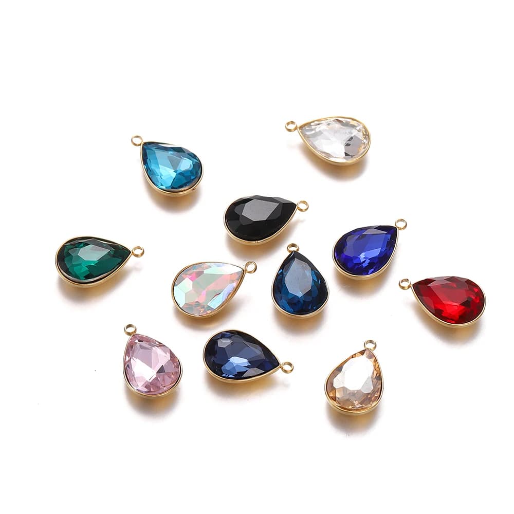 5pcs/lot Crystal Glass Pendants Stainless Steel Water Drop Shape Charms for DIY Necklace Beads Jewelry Making Accessories
