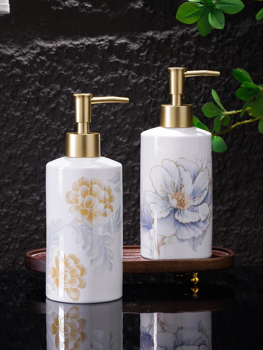 Dispenser di sapone floreale in ceramica Pompa dorata Bottiglia di lozione Accessori per il bagno Shampoo Doccia Bottiglia di ricarica Accessori per il bagno