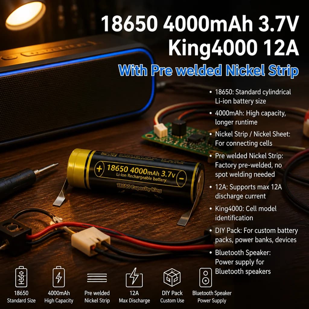 4000mAh 18650 Li-ion Battery Pre Welded 12A Nickel Strip King4000 High Capacity For DIY Battery Pack Bluetooth Speaker
