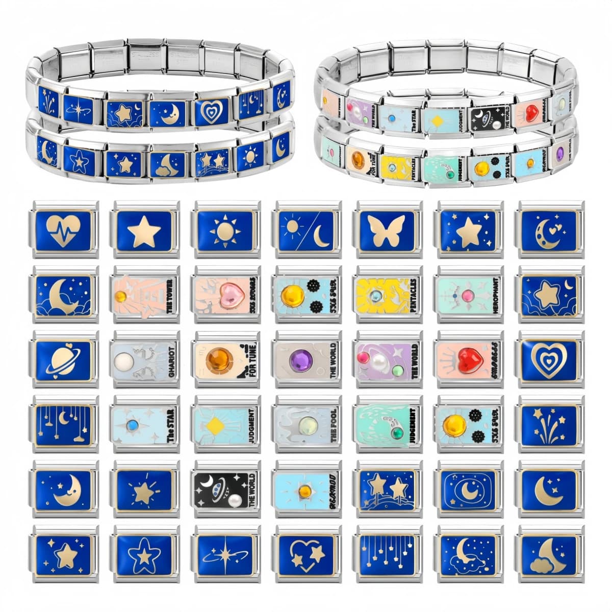 Serie di Charm Italiani Y2K Fashion Drop Glaze Tarot Cards Blue Moon Star, Compatibili con Bracciali da 9mm, Gioielli in Acciaio Inossidabile per Creazioni Fai da Te