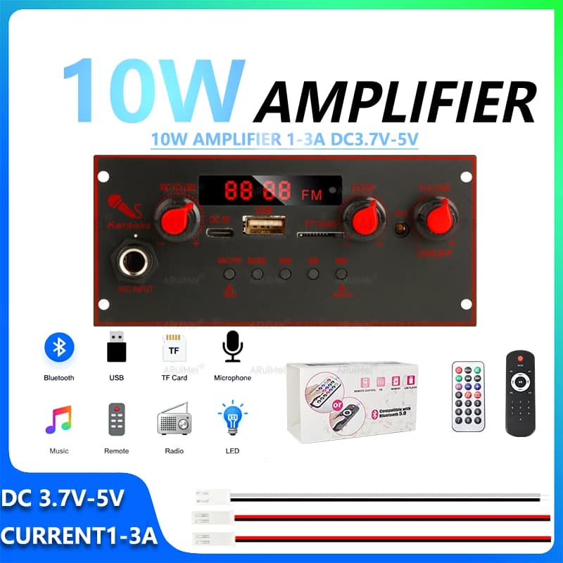 Kit amplificatore Bluetooth da 10 W con telecomando, display e cavo di alimentazione DC 3,7-5 V USB per mini sistema di altoparlanti desktop Audio per PC portatile
