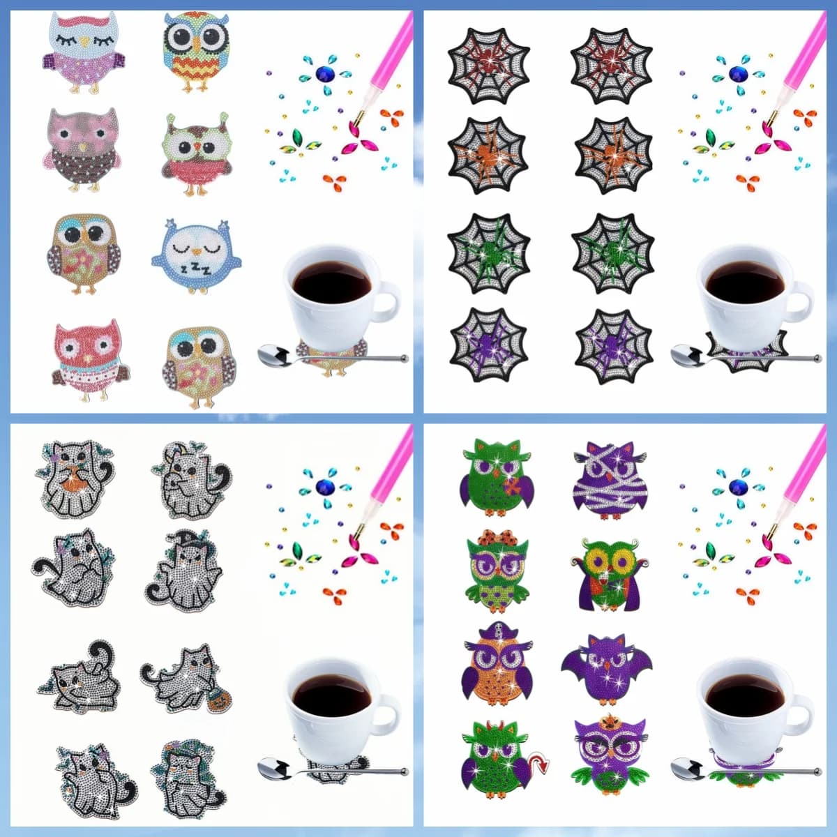 Set da 8 pezzi/set fai da te con pittura diamante in stile Halloween senza sottobicchieri antiscivolo, perfetti per principianti e adulti come regalo