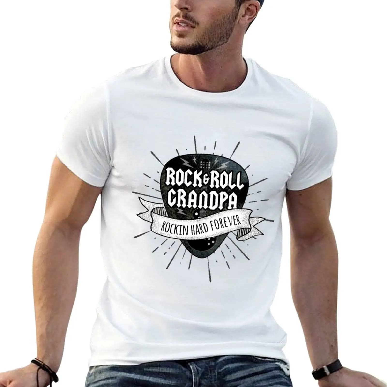Rock And Roll Grandpa Grunge Guitar Pick T-Shirt Long Lasting Casual T-Shirt